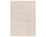 A beige and white striped area rug, power loomed with a flatweave construction.