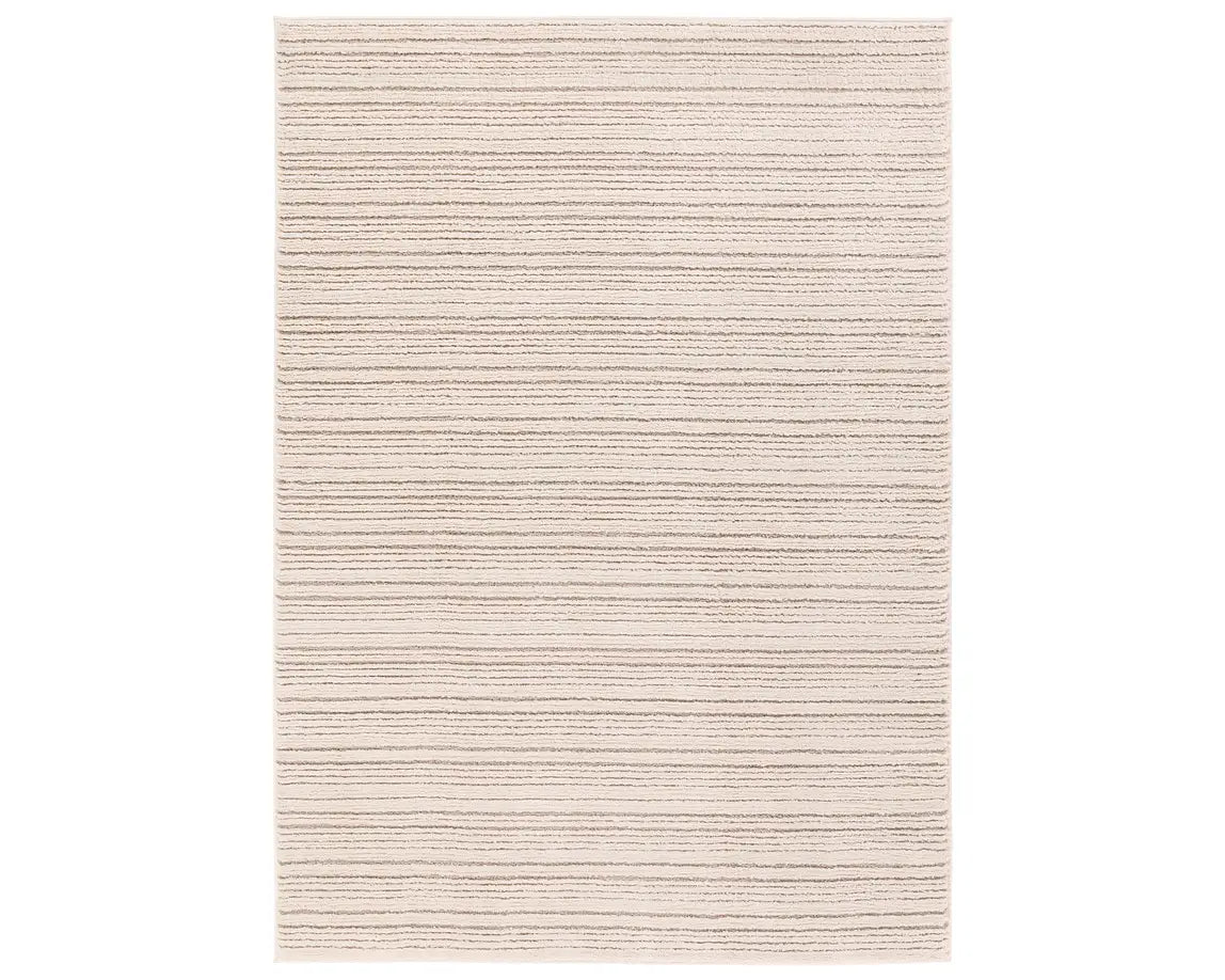 A beige and white striped area rug, power loomed with a flatweave construction.