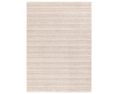 A beige and white striped area rug, power loomed with a flatweave construction.