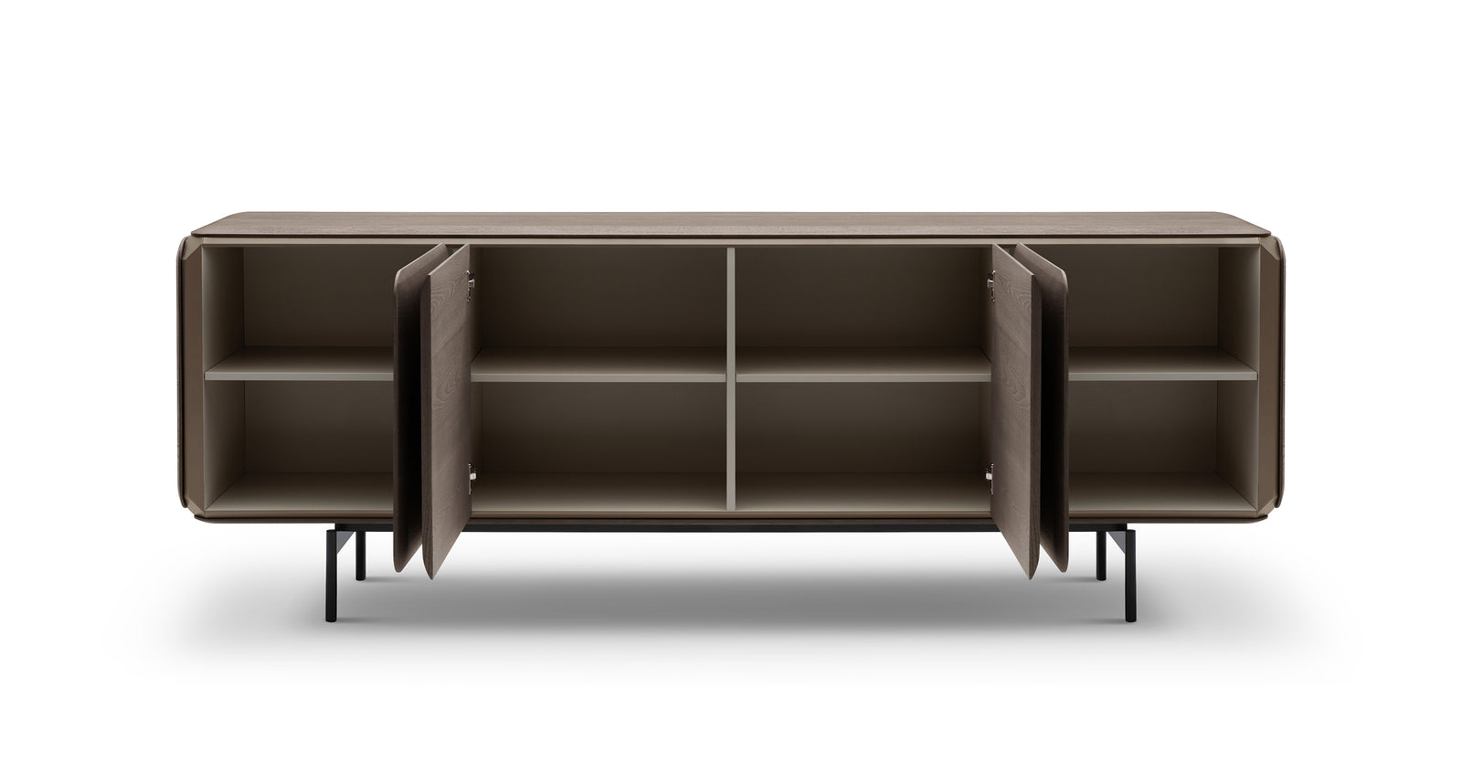 Brown cabinet with open doors on a white background