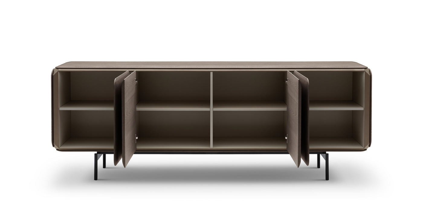 Brown cabinet with open doors on a white background