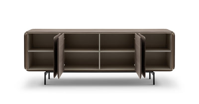 Brown cabinet with open doors on a white background