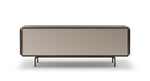 Modern rectangular coffee table with a beige top and brown frame on a white background