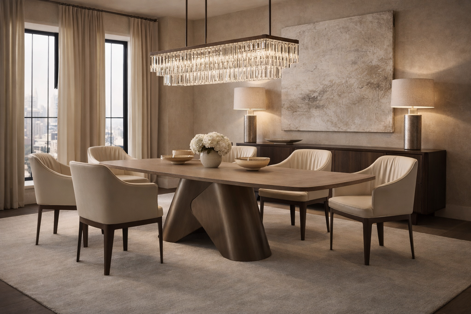Modern dining room with a large wooden table and chairs, featuring a chandelier and artwork on the wall.