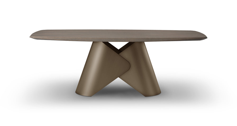 Modern brown table with unique base design on a white background