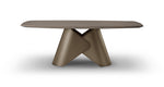 Modern brown table with unique base design on a white background