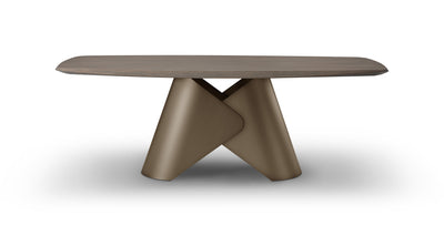Modern brown table with unique base design on a white background