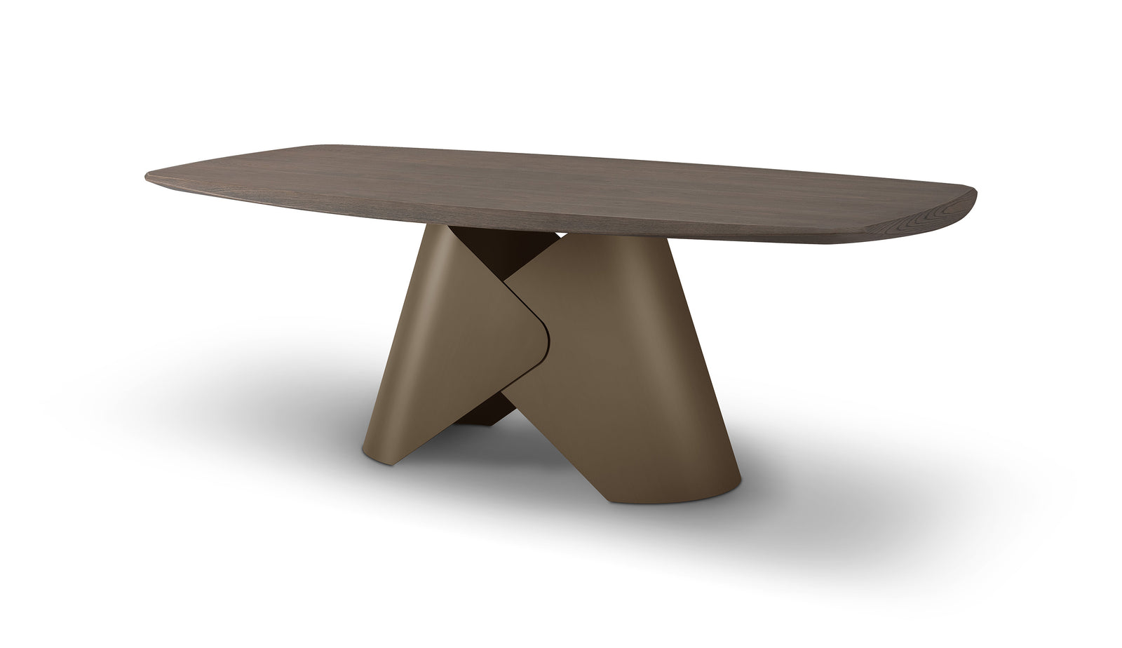 Modern brown table with a unique base design on a white background