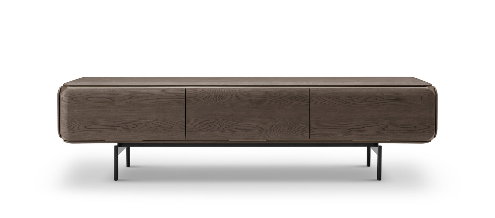 Wooden TV stand with a minimalist design on a white background