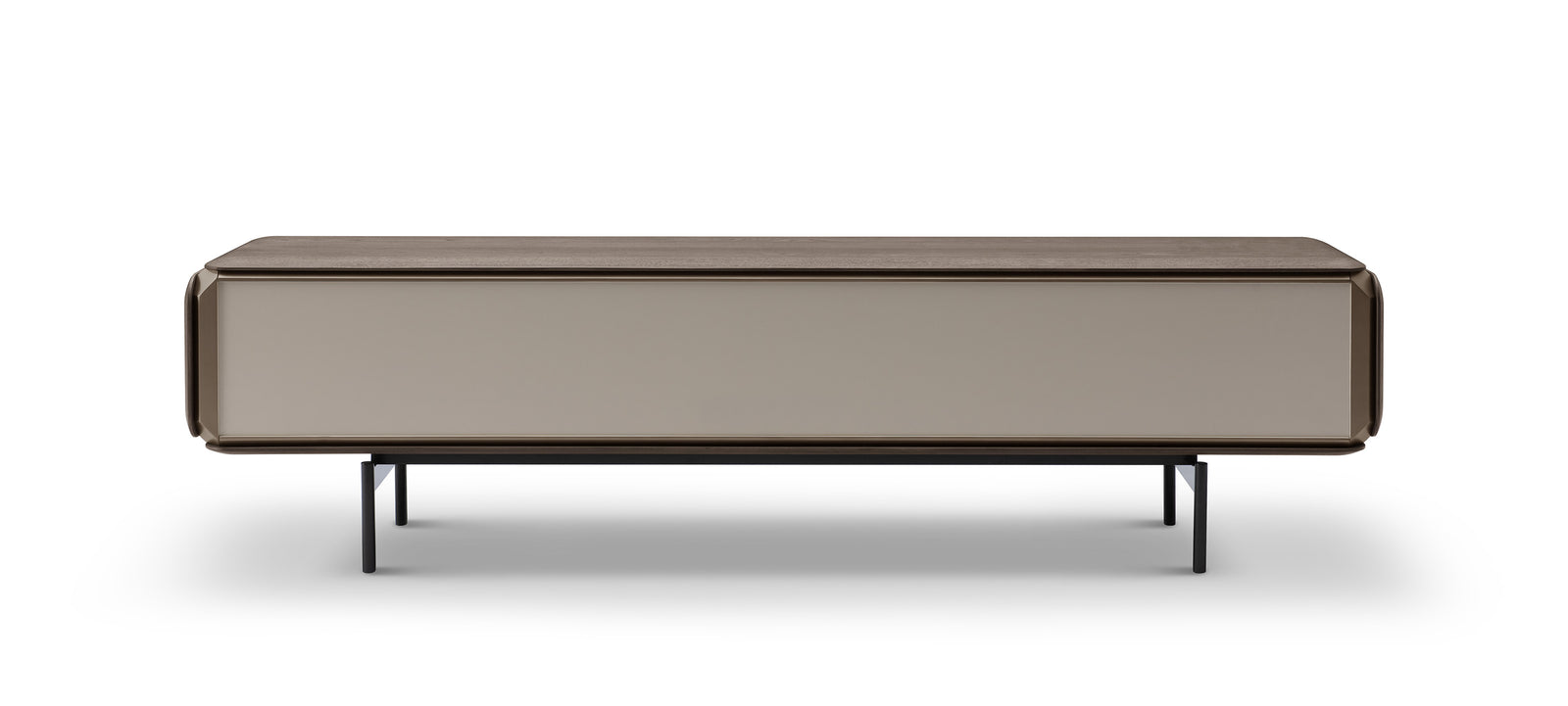 Modern coffee table with a beige top and brown base on a white background