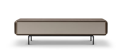 Modern coffee table with a beige top and brown base on a white background