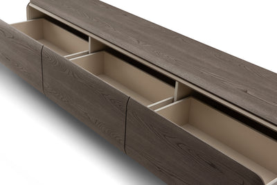 Wooden drawer unit with open drawers on a white background