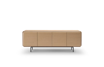 A modern Jennie Buffet sideboard with a beige finish, featuring four doors and metallic legs.