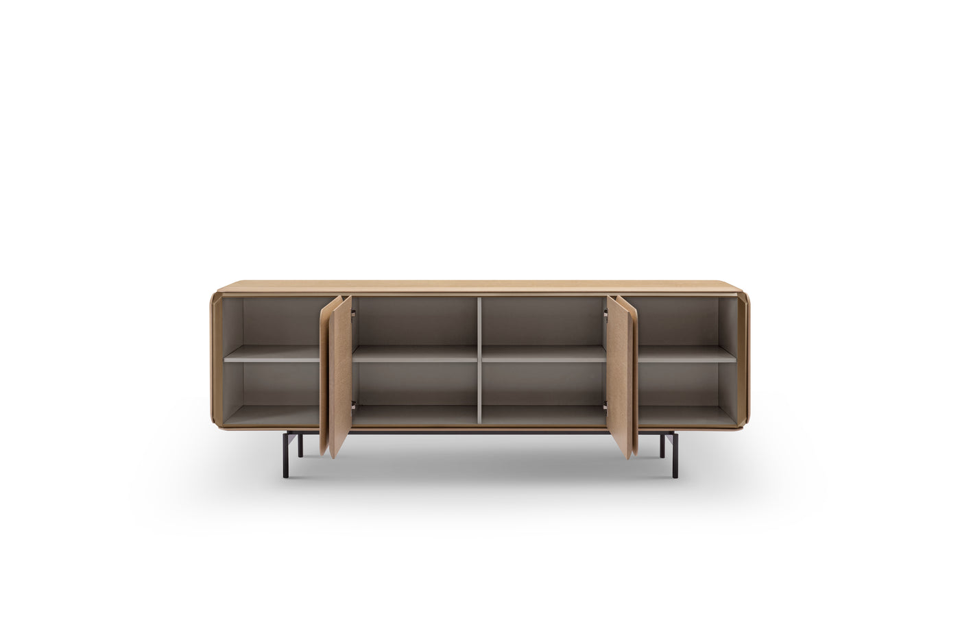 A modern Jennie Buffet sideboard with a beige finish, featuring four doors and metallic legs.
