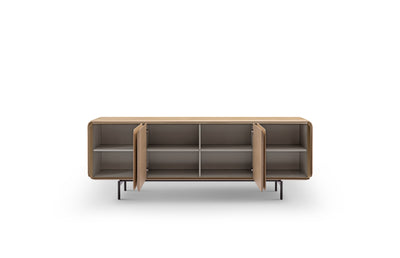 A modern Jennie Buffet sideboard with a beige finish, featuring four doors and metallic legs.