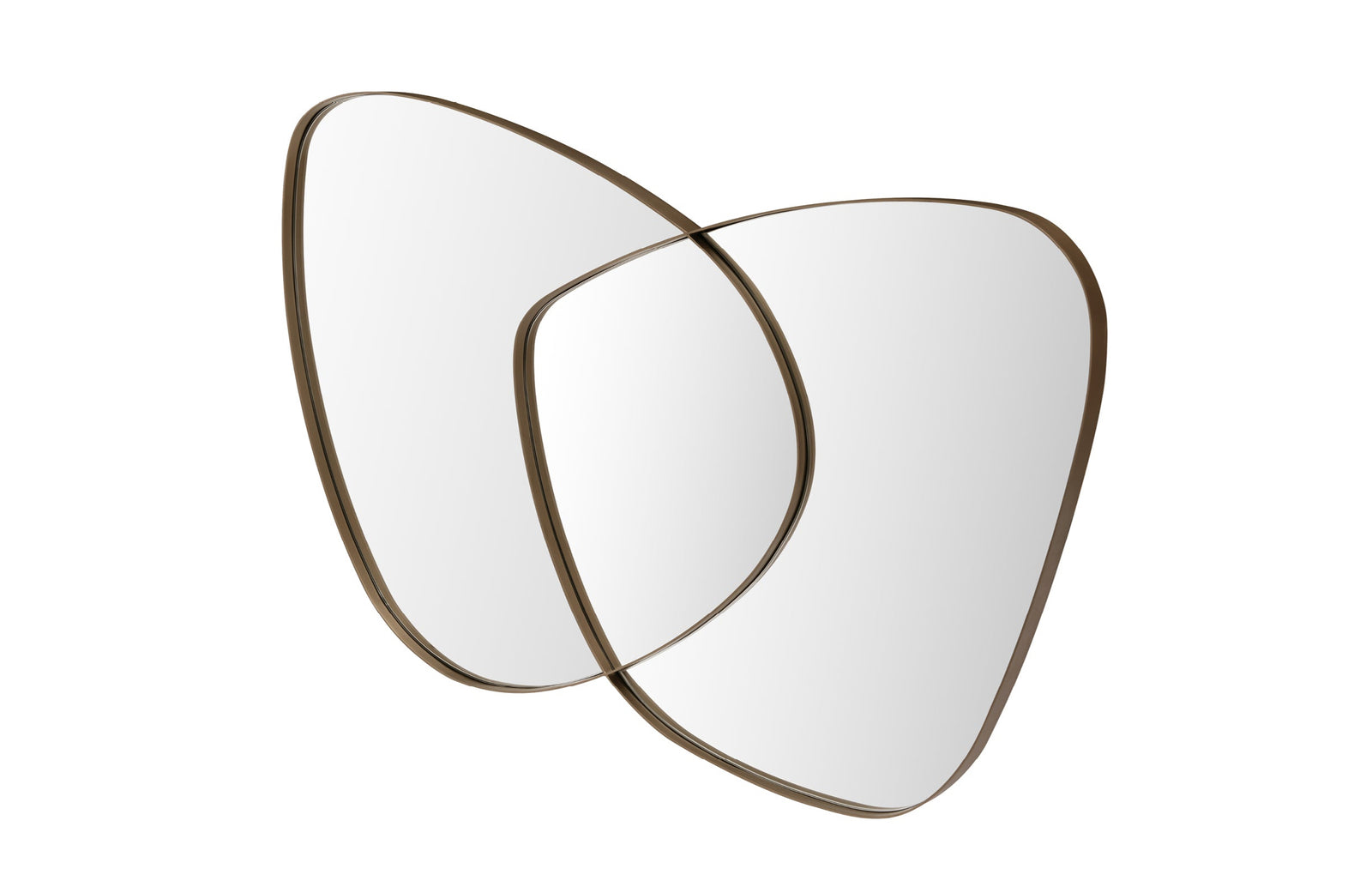 A butterfly-shaped accent mirror with a gold frame, consisting of two overlapping mirror panels.