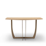 A rectangular wooden console table with a visible metal leg support system.
