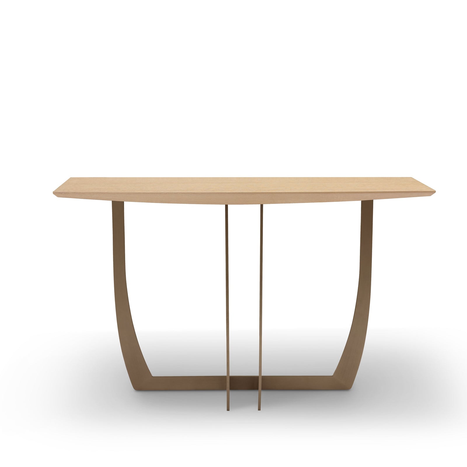 A rectangular wooden console table with a visible metal leg support system.