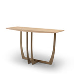 A rectangular wooden console table with a visible metal leg support system.