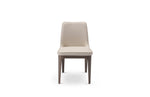 A beige upholstered dining chair with a high backrest and a straight seat type, isolated on a white background.