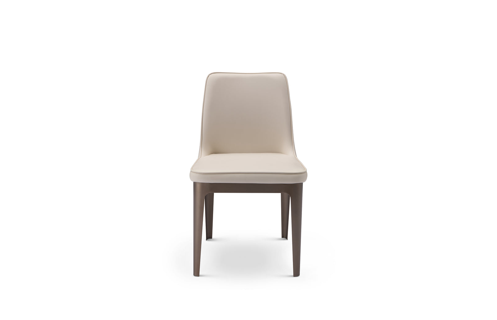 A beige upholstered dining chair with a high backrest and a straight seat type, isolated on a white background.