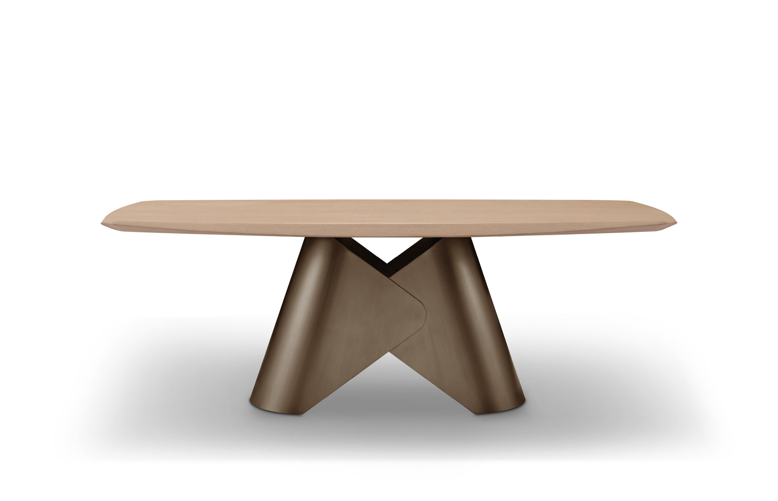 A modern dining table with a beige oval tabletop and a brown X-shaped pedestal base.