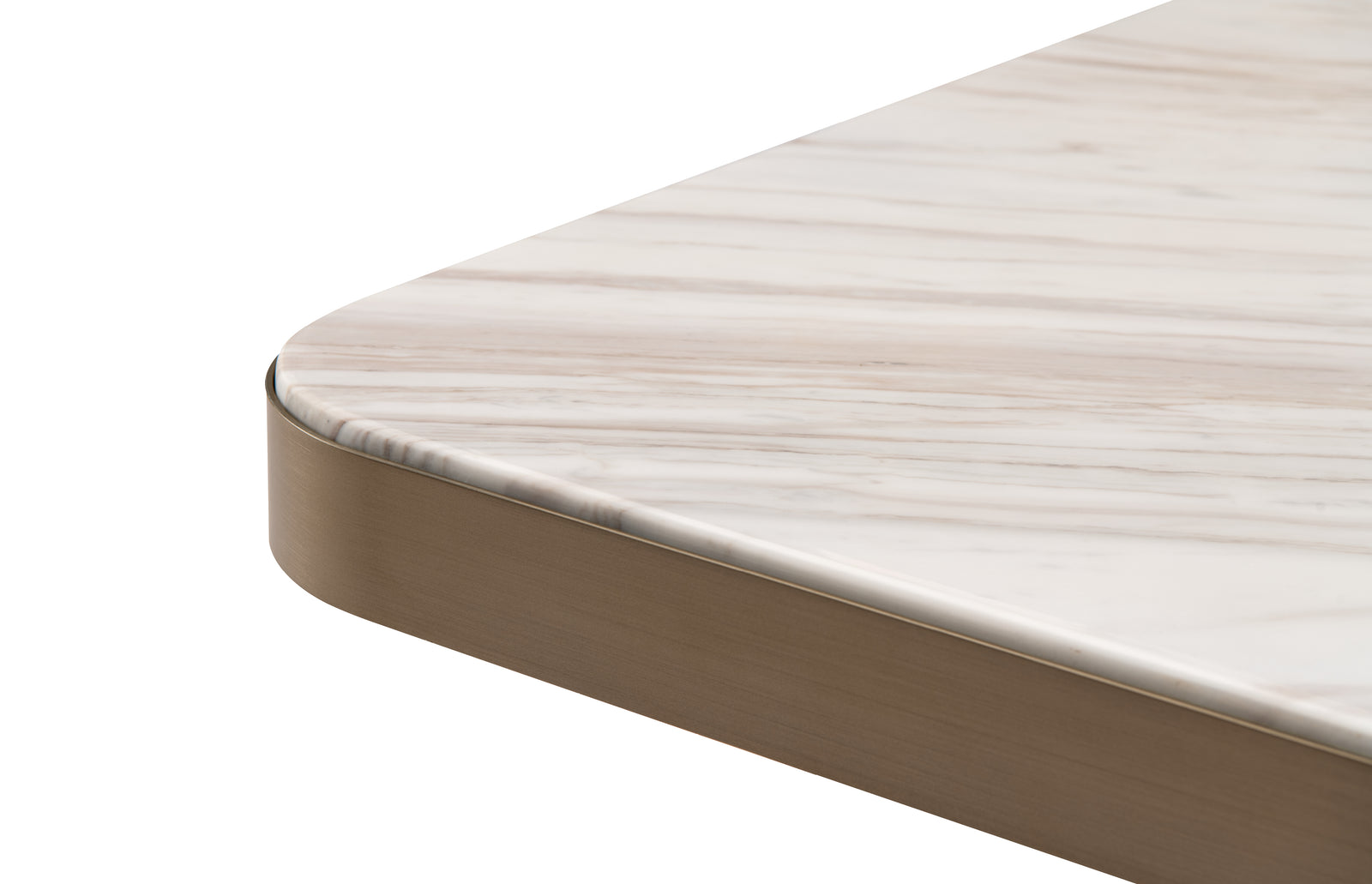 A square Jennie Marble Coffee Table with a beige marble top and a brown metal base.