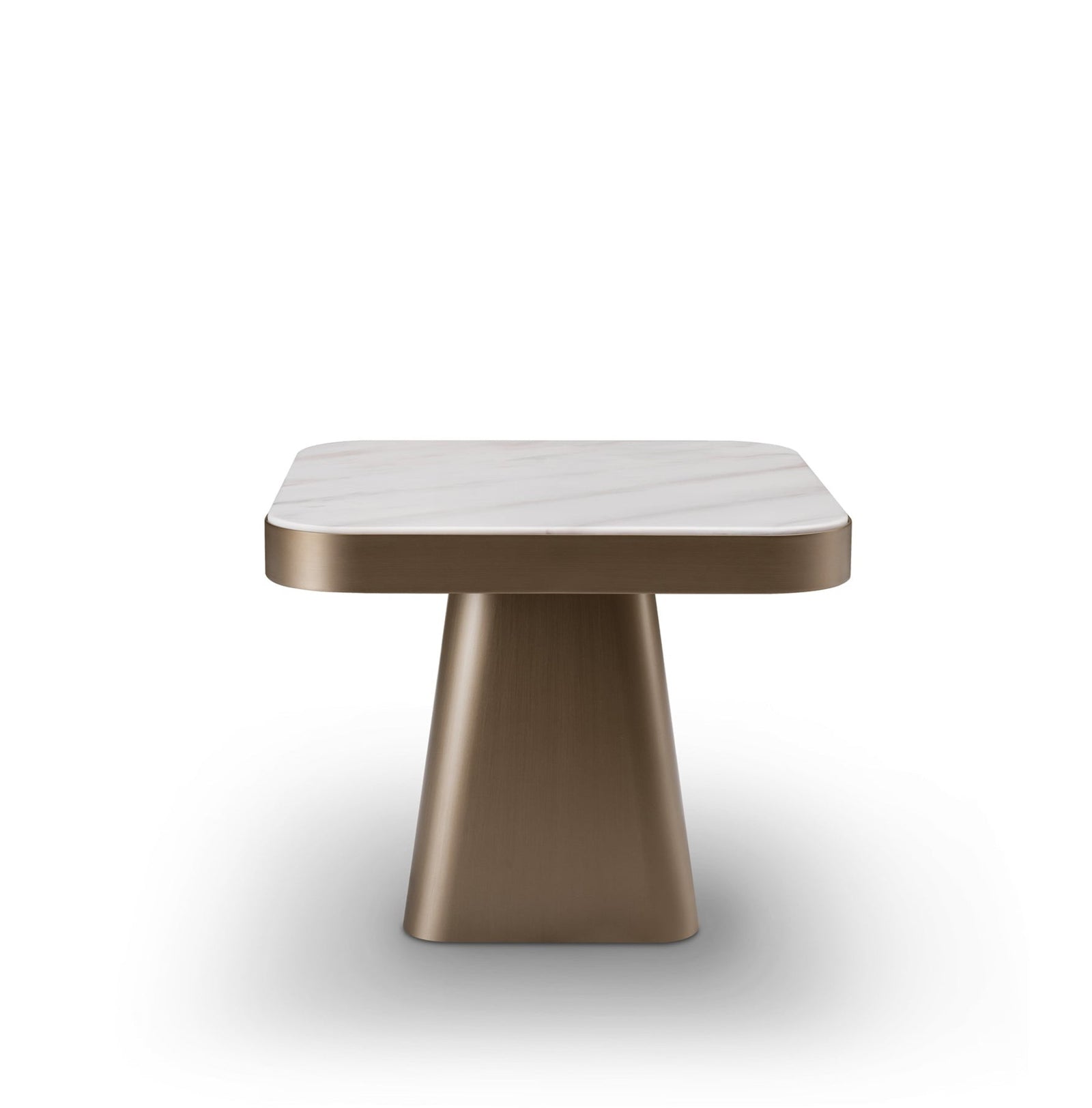 Modern side table with a marble top and bronze base on a white background