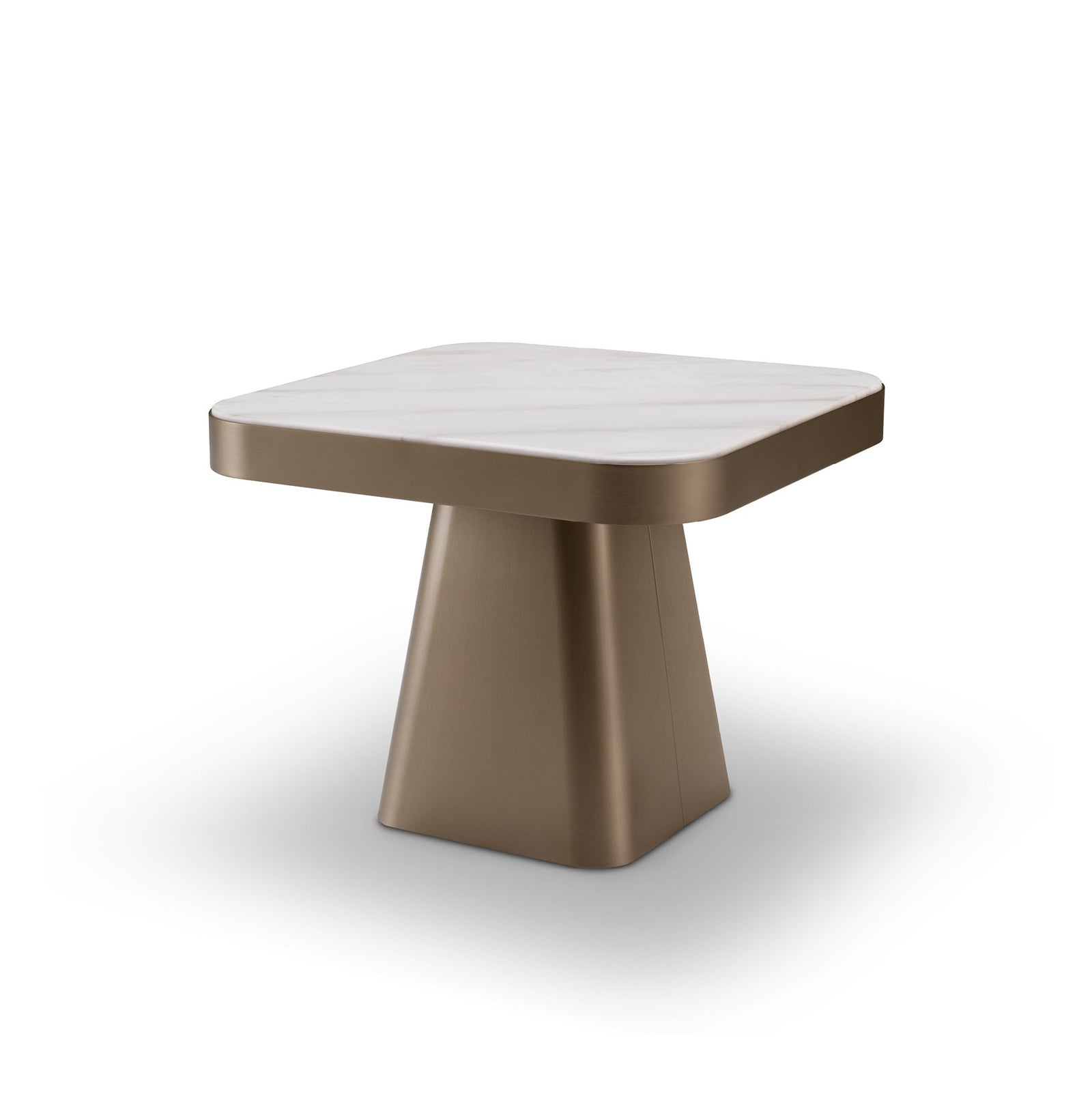 Modern side table with a marble top and bronze base on a white background