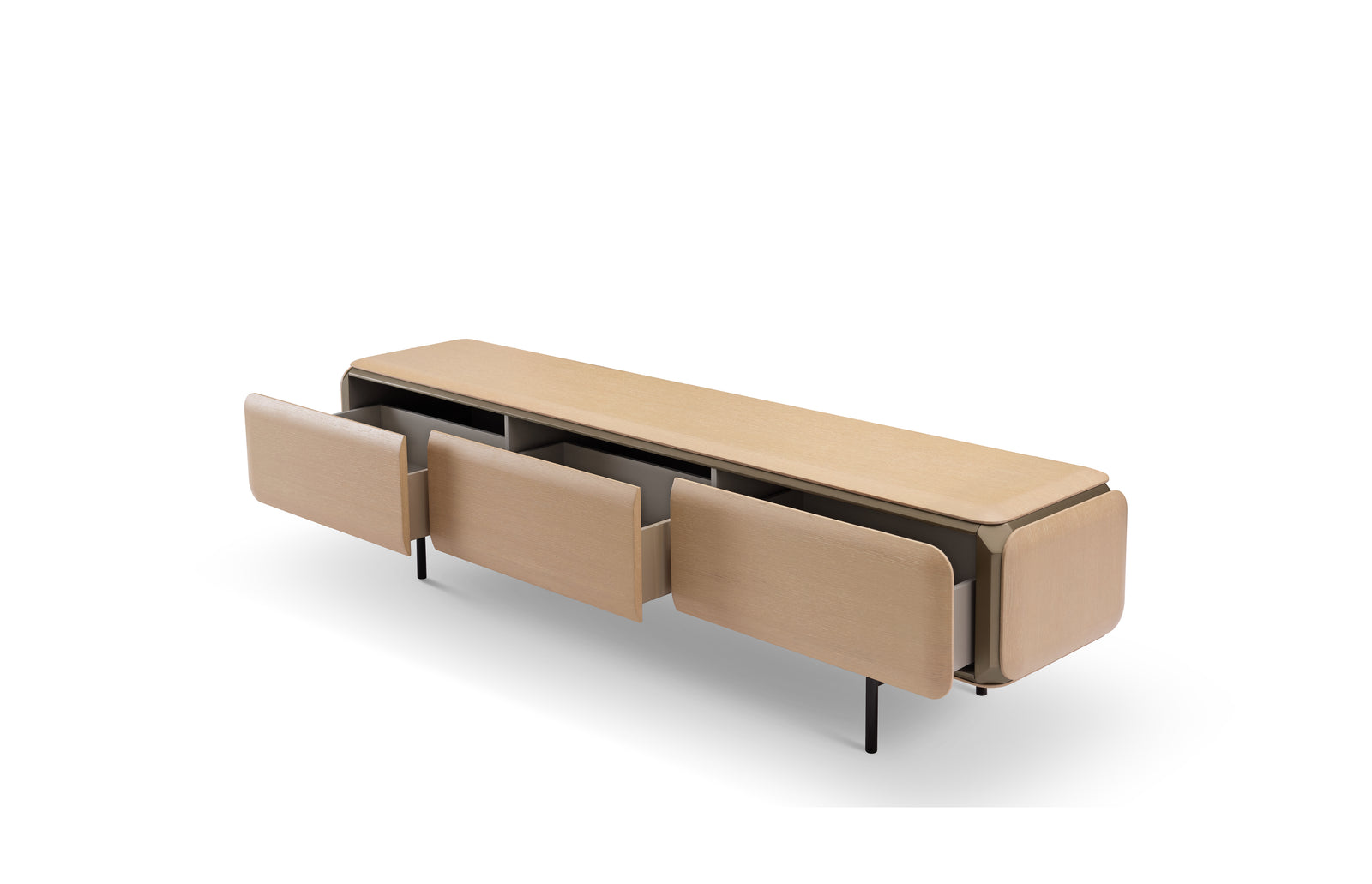 Wooden sideboard with three doors on a white background