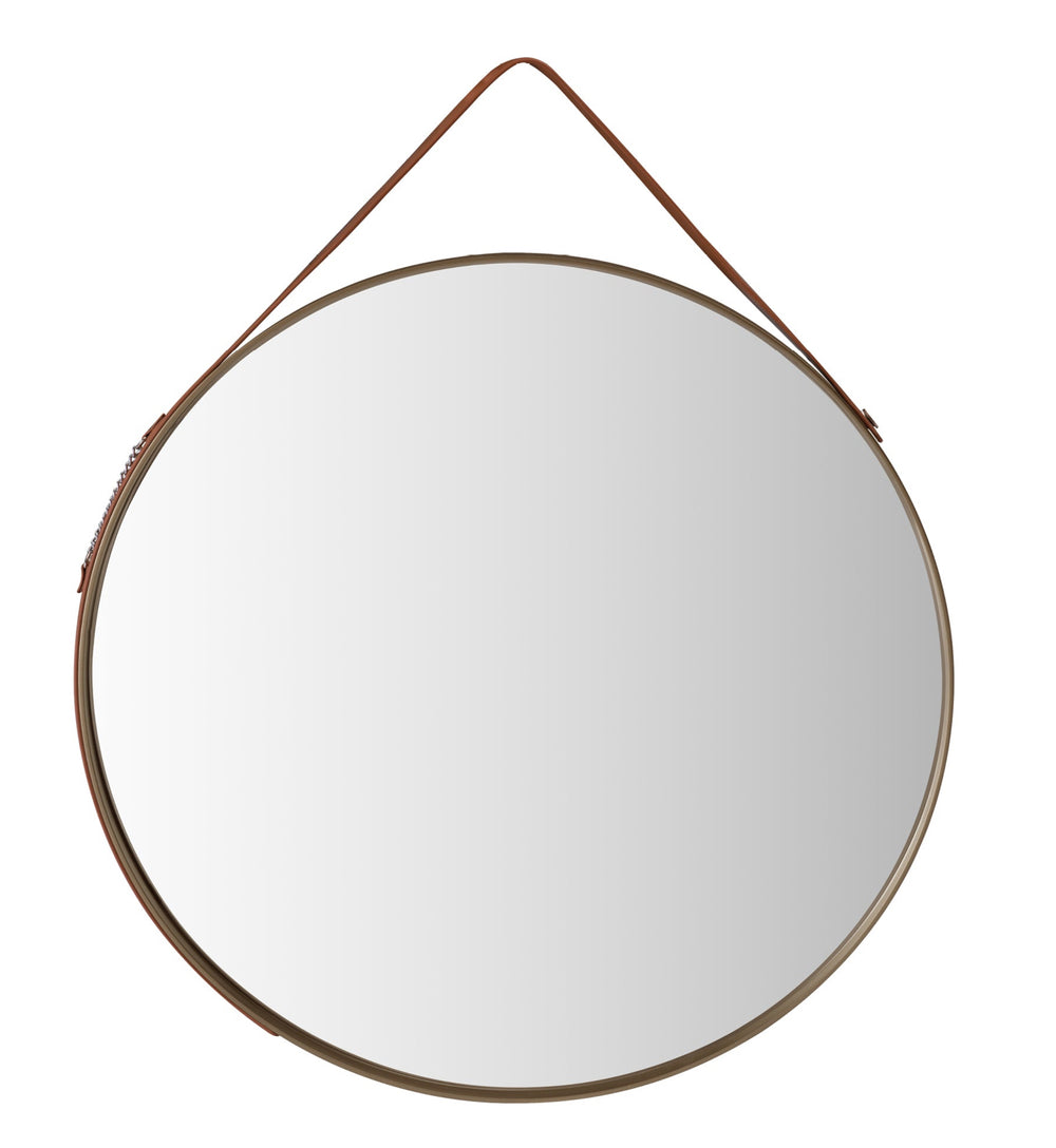 A round accent mirror with a metallic frame and a simple, elegant design.