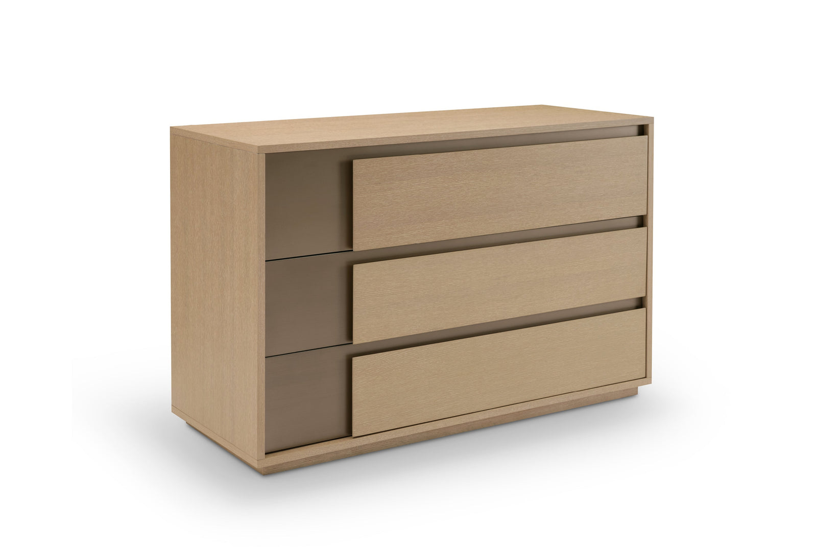 A beige wooden sideboard with three drawers and a lower shelf, against a white background.