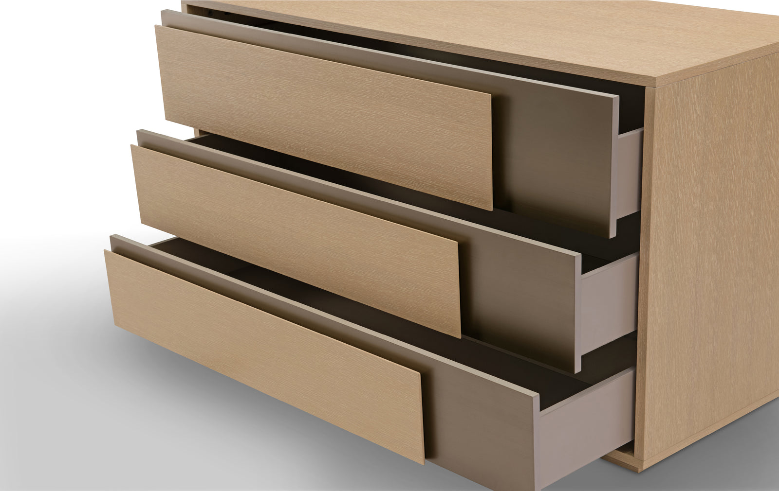 A beige wooden sideboard with three drawers and a lower shelf, against a white background.