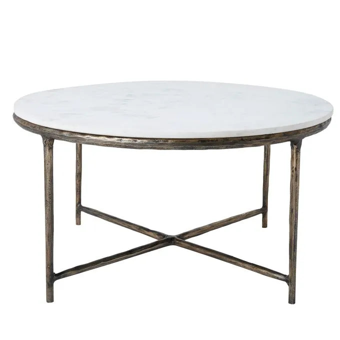 Round marble coffee table with a cast aluminum base featuring a natural white color and antique brass finish.