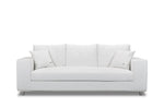 A white, cushioned sofa with a sleek design, featuring high-density foam cushions and premium goose feathers. The sofa has a depth of 108 cm, width of 230 cm, and height of 88 cm.