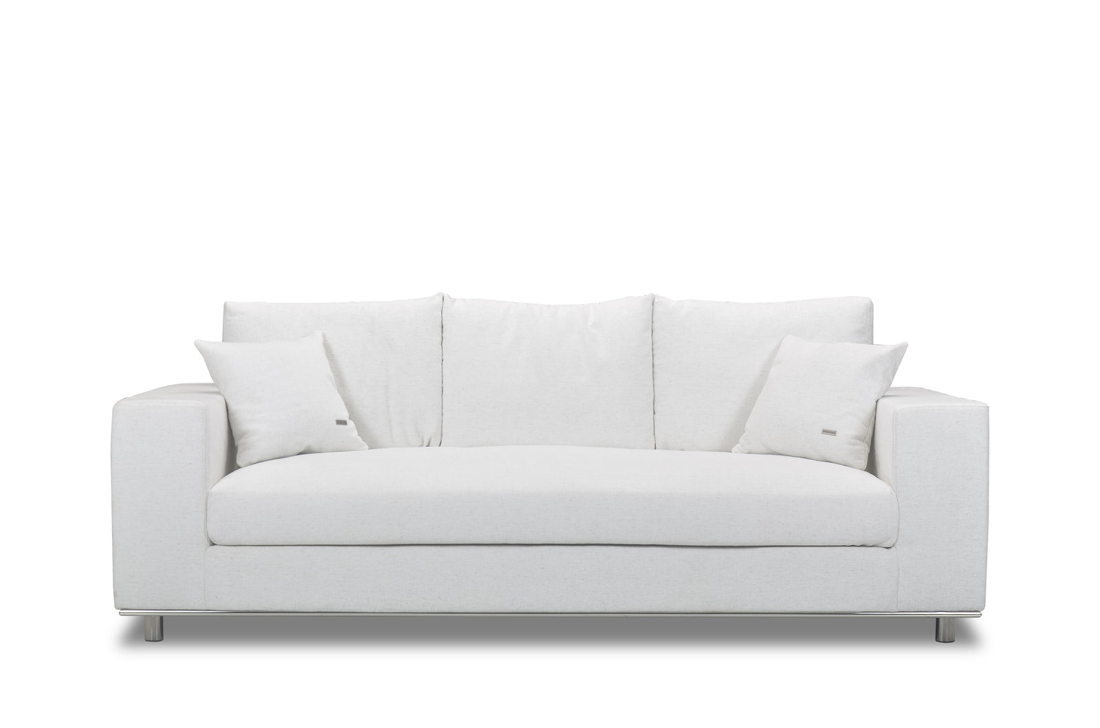 A white, cushioned sofa with a sleek design, featuring high-density foam cushions and premium goose feathers. The sofa has a depth of 108 cm, width of 230 cm, and height of 88 cm.