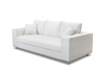 A white, cushioned sofa with a sleek design, featuring high-density foam cushions and premium goose feathers. The sofa has a depth of 108 cm, width of 230 cm, and height of 88 cm.