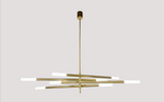 A contemporary gold chandelier with articulating arms and LED light fixtures.
