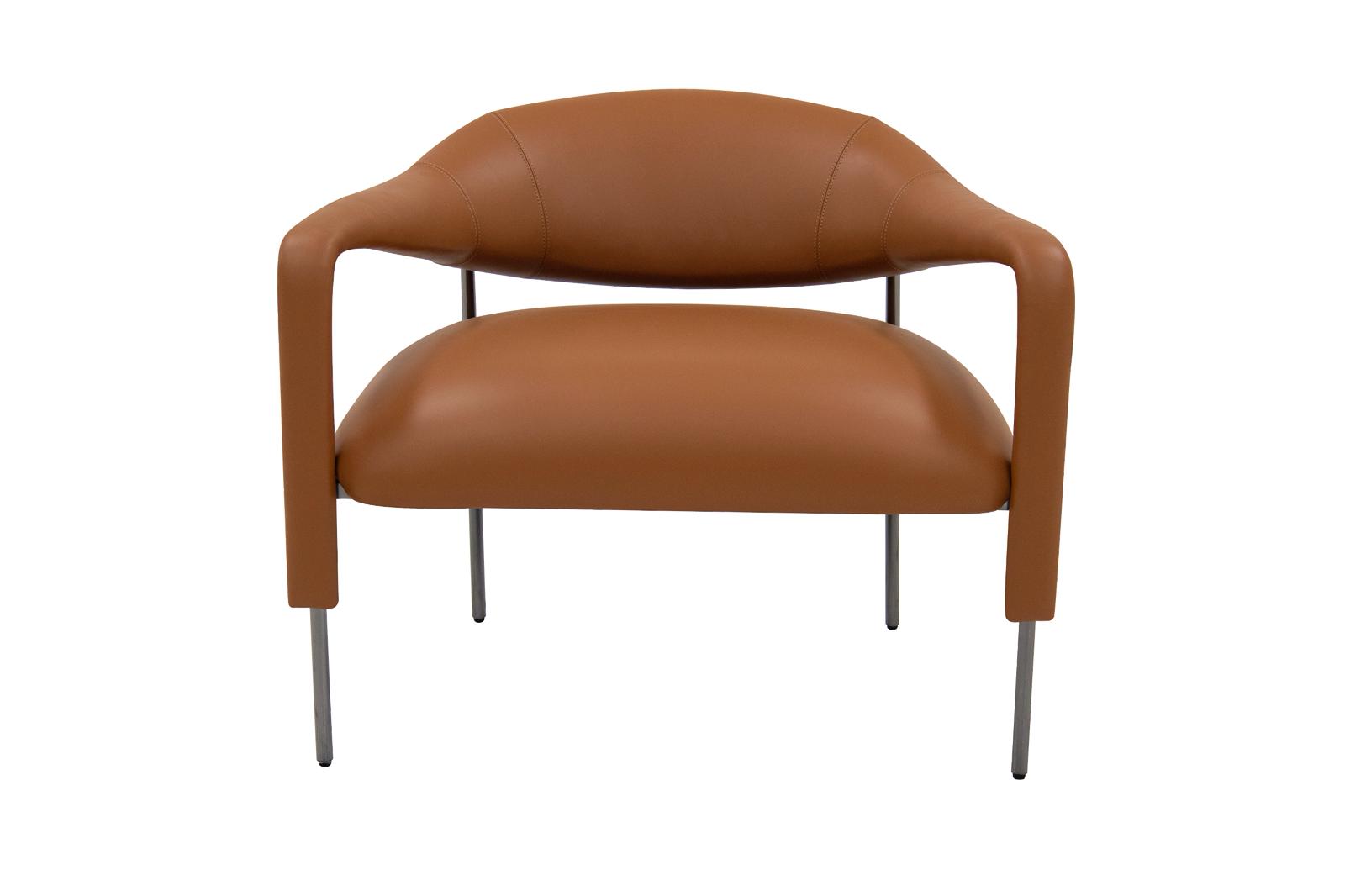 Brown leather chair with curved design on a white background