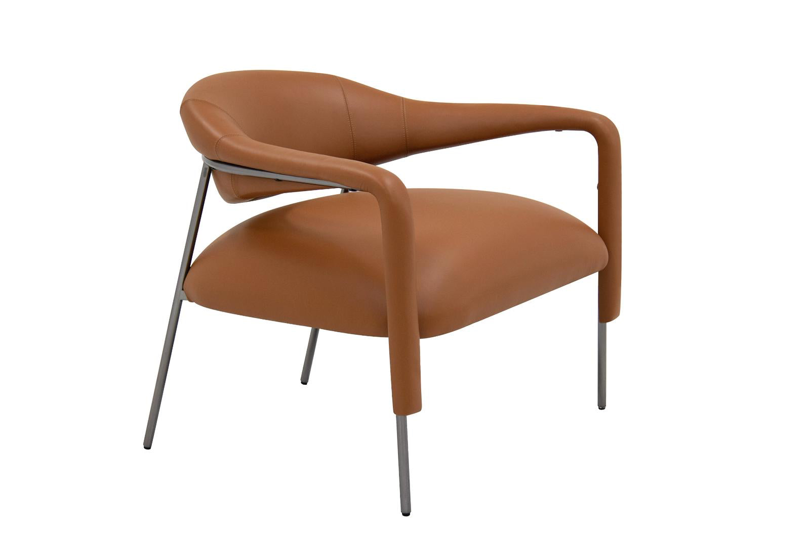 Brown leather armchair with metal legs on a white background