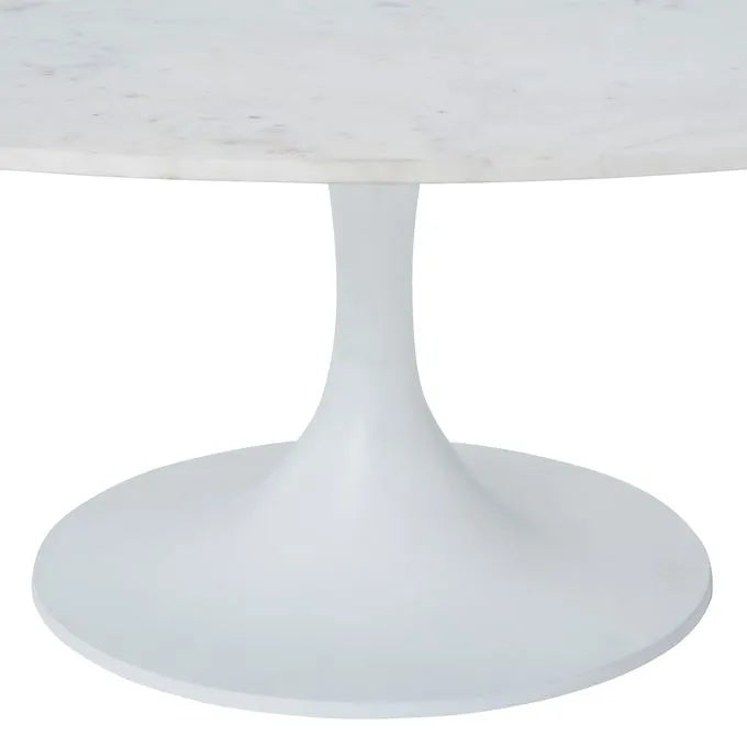 An oval marble coffee table with a white cast aluminum base and a natural white marble top.