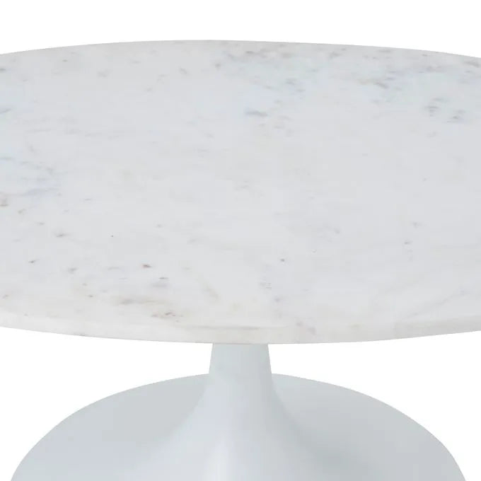 An oval marble coffee table with a white cast aluminum base and a natural white marble top.