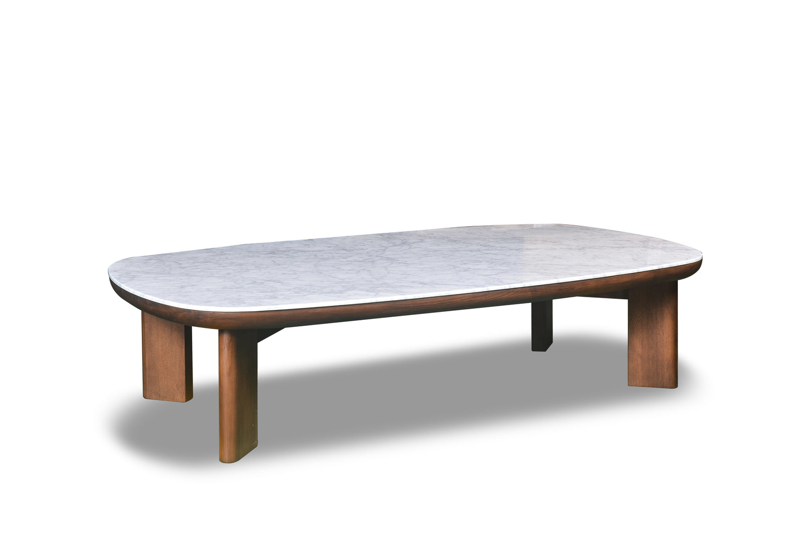 A rectangular coffee table with a marble top and walnut finish legs.