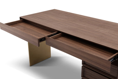 Wooden desk with multiple drawers on a white background