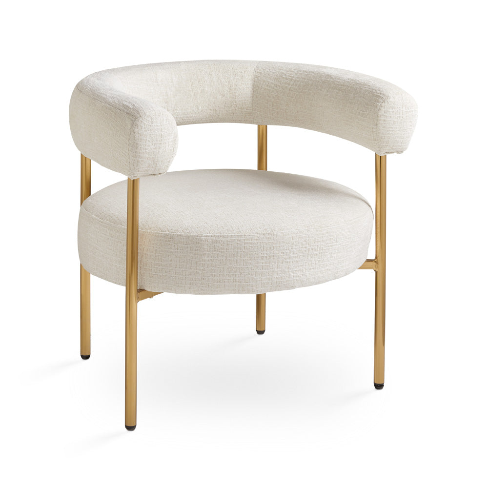 Modern chair with white upholstered seat and backrest and gold metal legs on a white background
