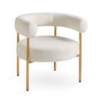 Modern chair with white upholstered seat and backrest and gold metal legs on a white background