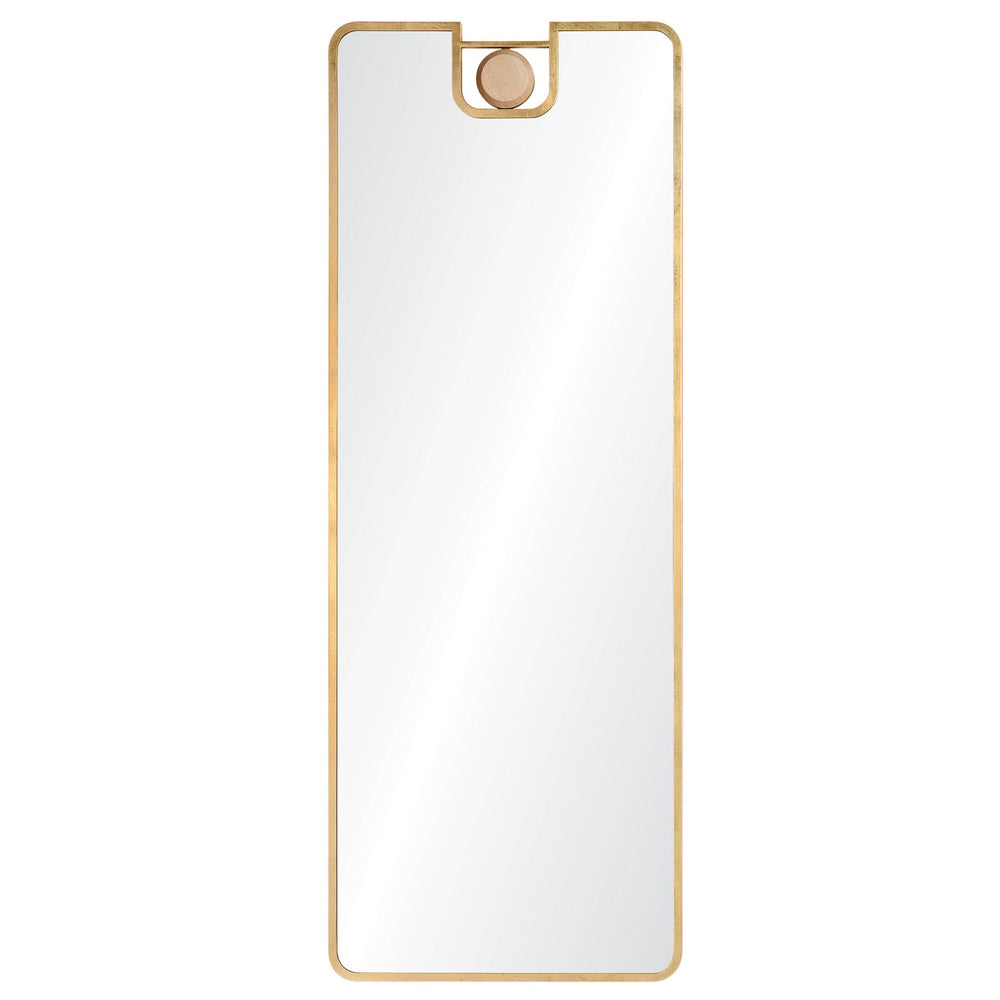 A full-length mirror with a white oak veneer decorative knob and a gold leaf finish. The mirror is set in a simple rectangular frame.