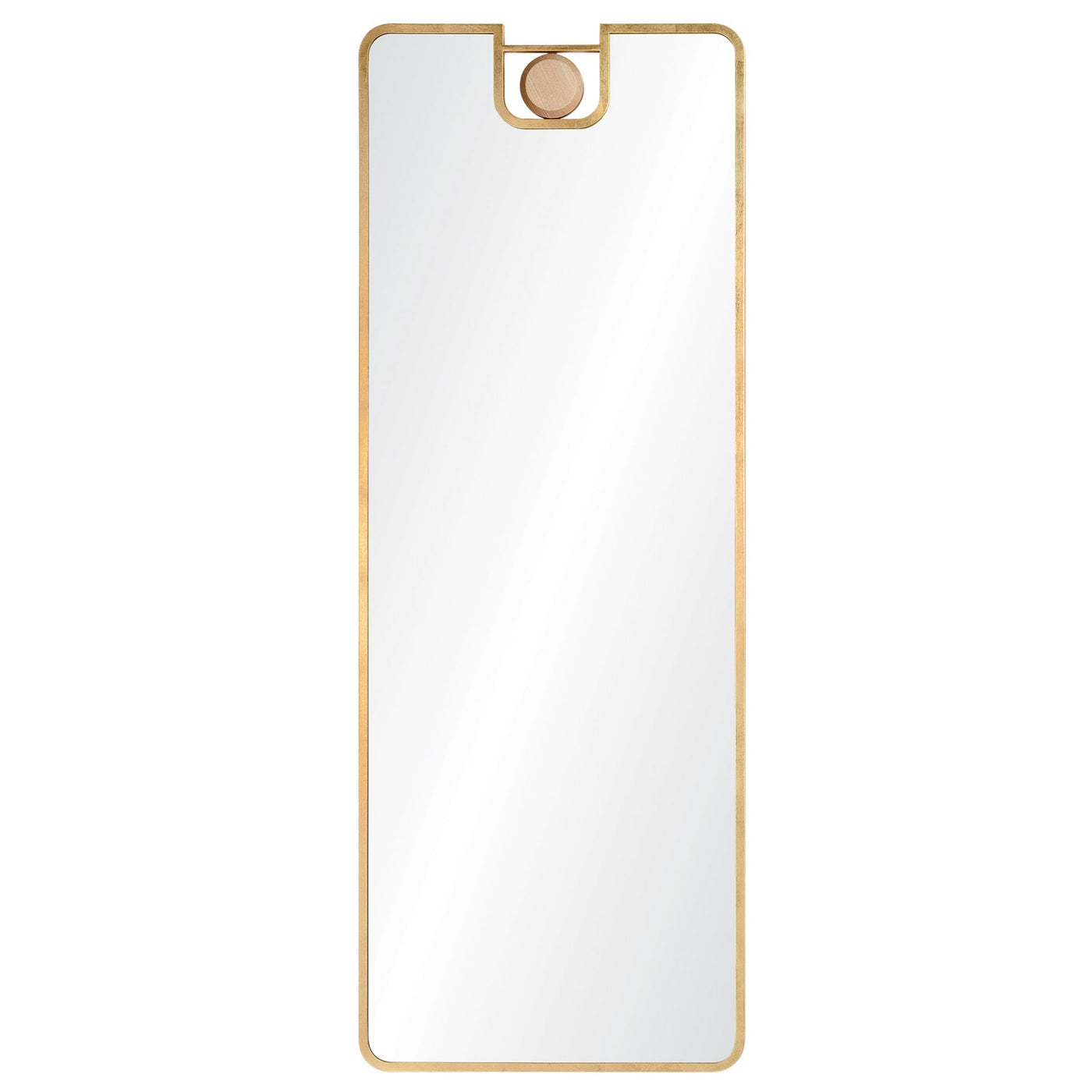 A full-length mirror with a white oak veneer decorative knob and a gold leaf finish. The mirror is set in a simple rectangular frame.