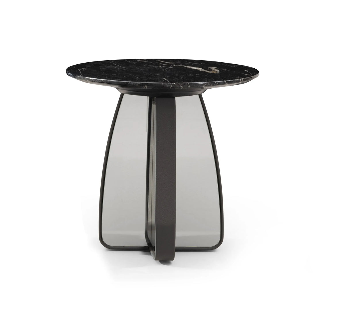 Side table with black marble top and transparent glass base on a white background