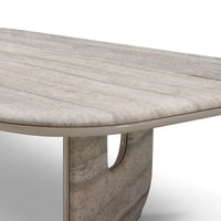Round marble dining table with a light gray and beige pattern on a white background